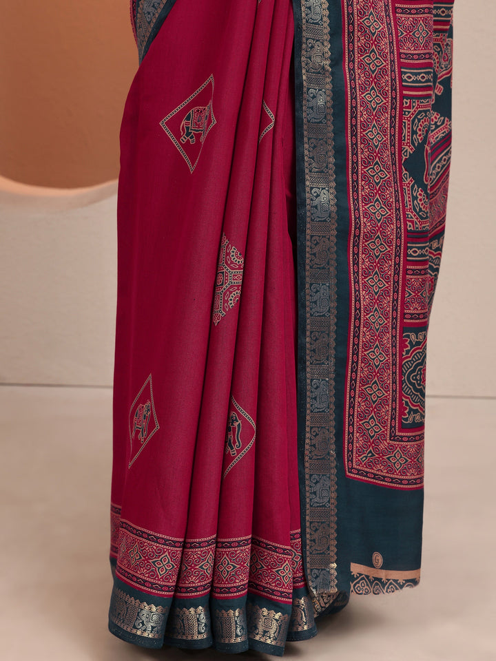Pink Printed Silk Blend Saree With Unstitched Blouse Piece