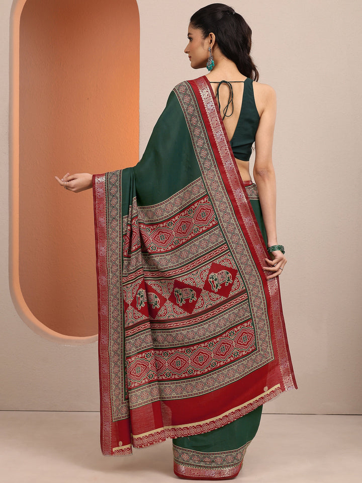 Green Printed Silk Blend Saree With Unstitched Blouse Piece