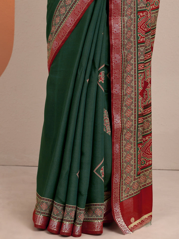 Green Printed Silk Blend Saree With Unstitched Blouse Piece