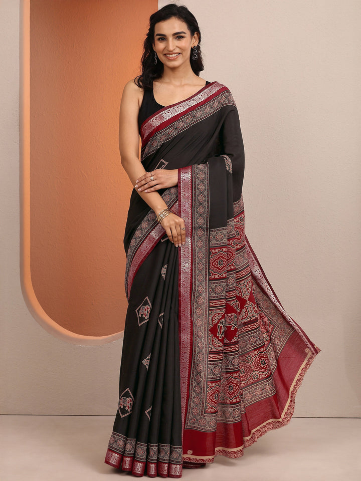 Black Printed Silk Blend Saree With Unstitched Blouse Piece