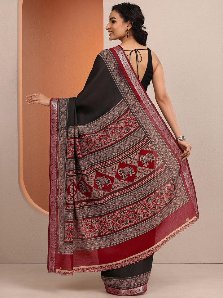 Black Printed Silk Blend Saree With Unstitched Blouse Piece