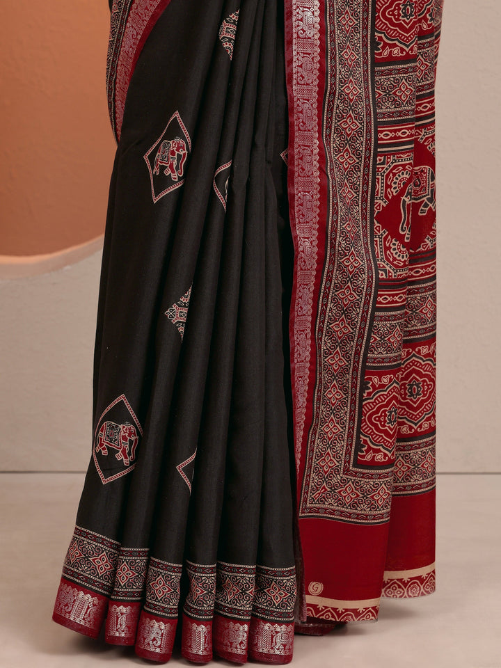 Black Printed Silk Blend Saree With Unstitched Blouse Piece