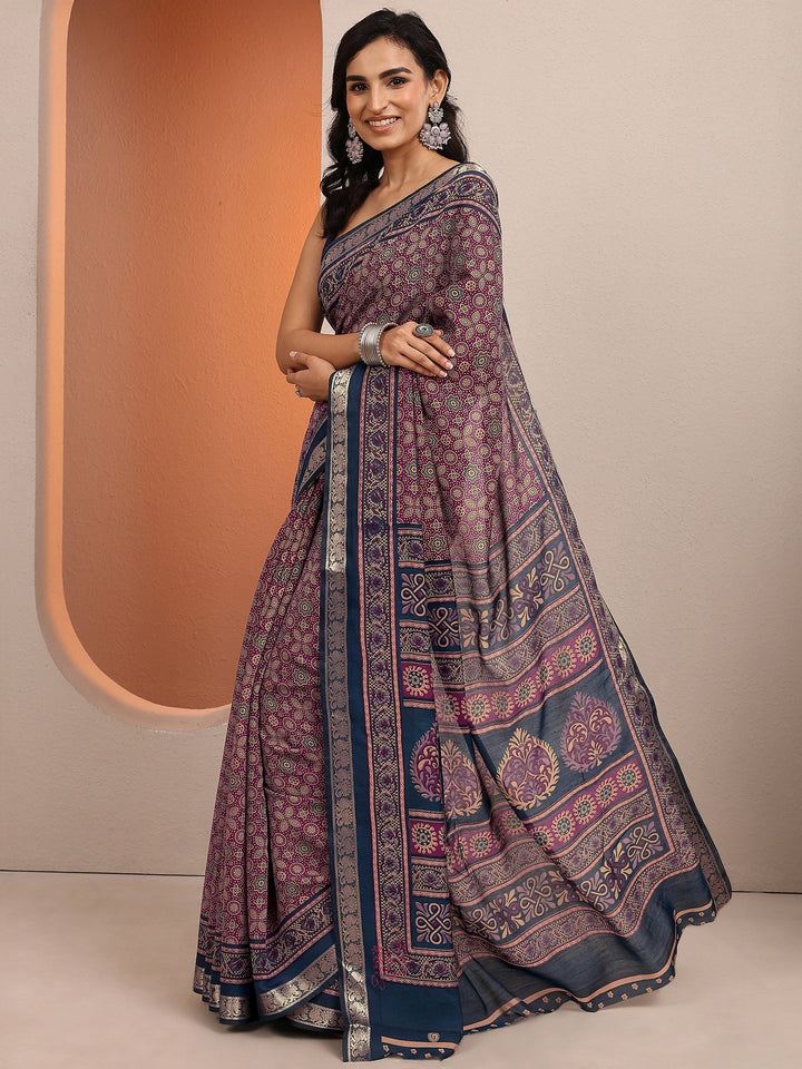 Purple Printed Silk Blend Saree With Unstitched Blouse Piece