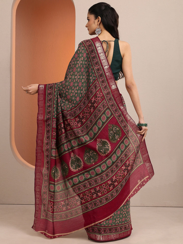 Green Printed Silk Blend Saree With Unstitched Blouse Piece