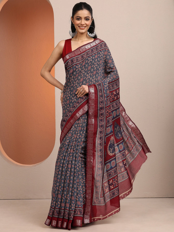 Blue Printed Silk Blend Saree With Unstitched Blouse Piece