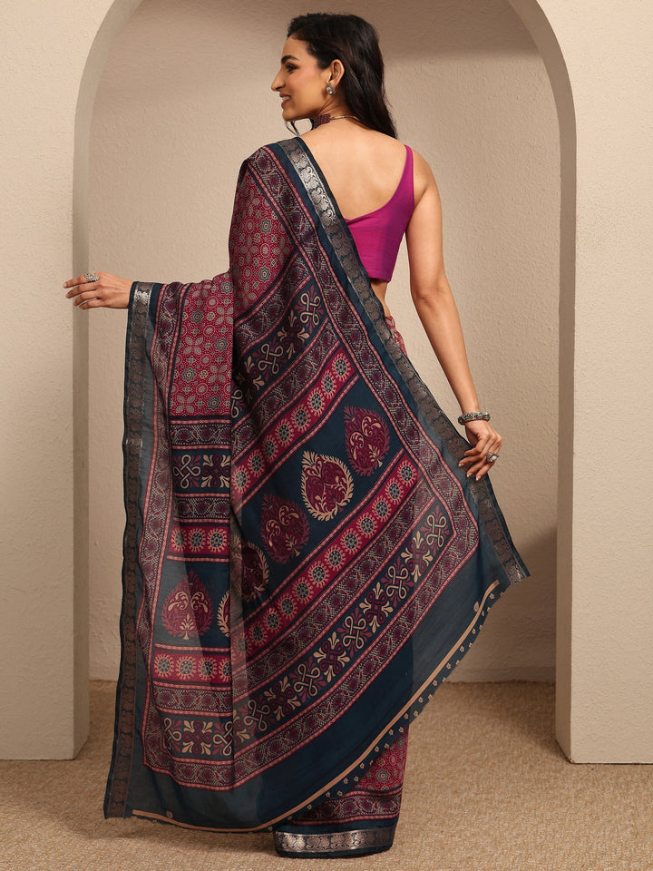 Maroon Printed Silk Blend Saree With Unstitched Blouse Piece