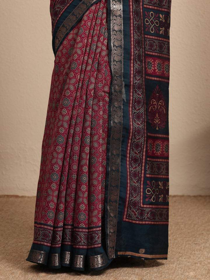 Maroon Printed Silk Blend Saree With Unstitched Blouse Piece