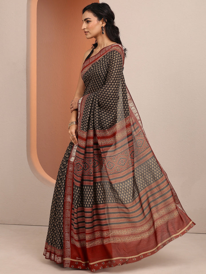 Black Printed Silk Blend Saree With Unstitched Blouse Piece