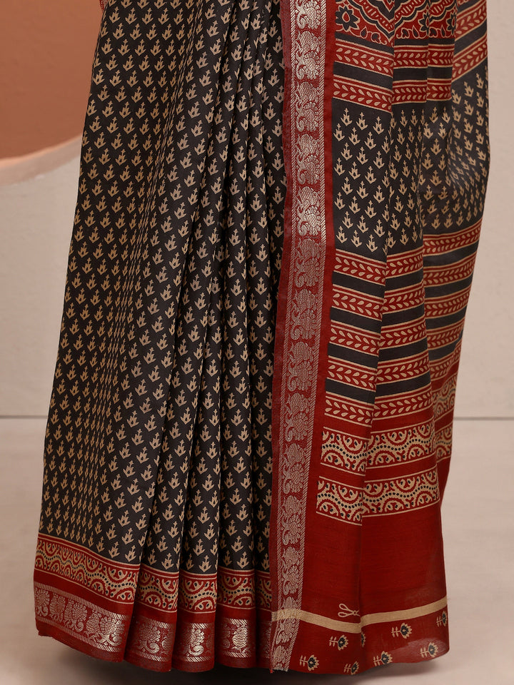 Black Printed Silk Blend Saree With Unstitched Blouse Piece