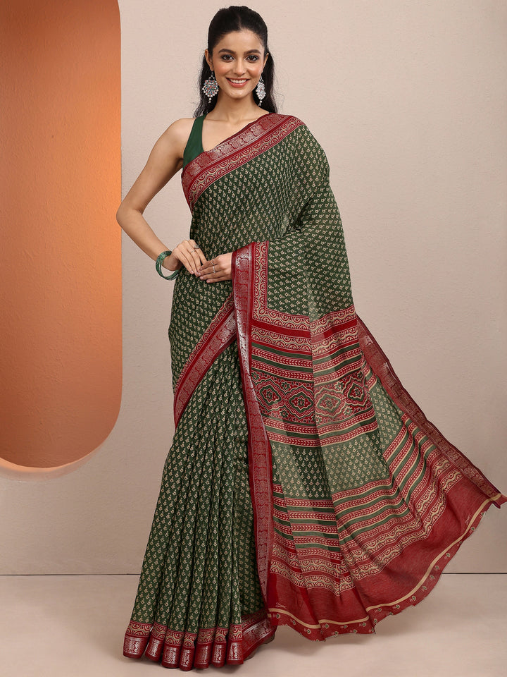Green Printed Silk Blend Saree With Unstitched Blouse Piece