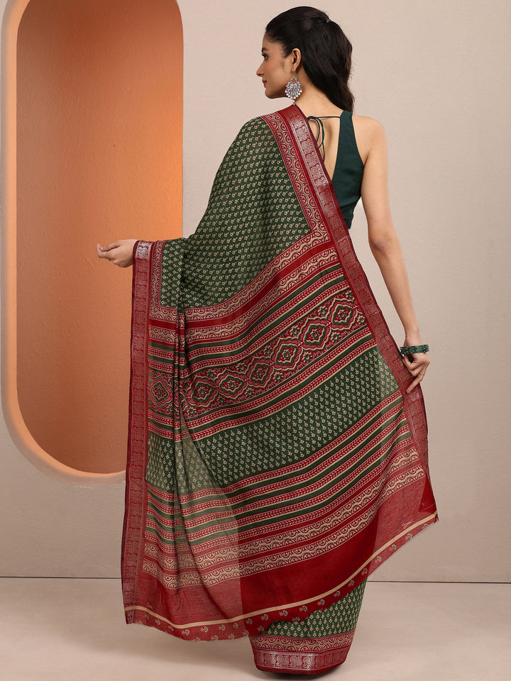 Green Printed Silk Blend Saree With Unstitched Blouse Piece