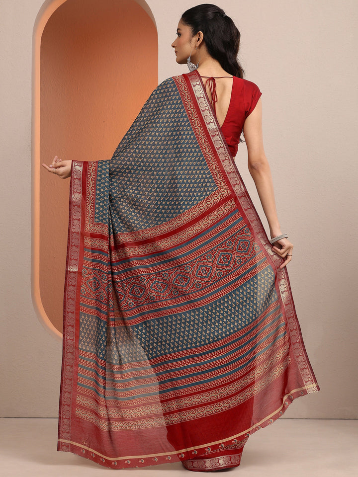 Blue Printed Silk Blend Saree With Unstitched Blouse Piece