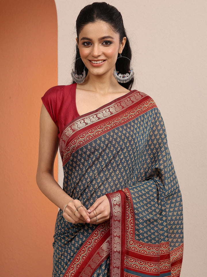 Blue Printed Silk Blend Saree With Unstitched Blouse Piece