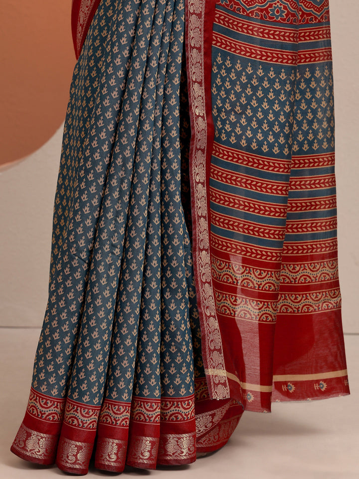 Blue Printed Silk Blend Saree With Unstitched Blouse Piece