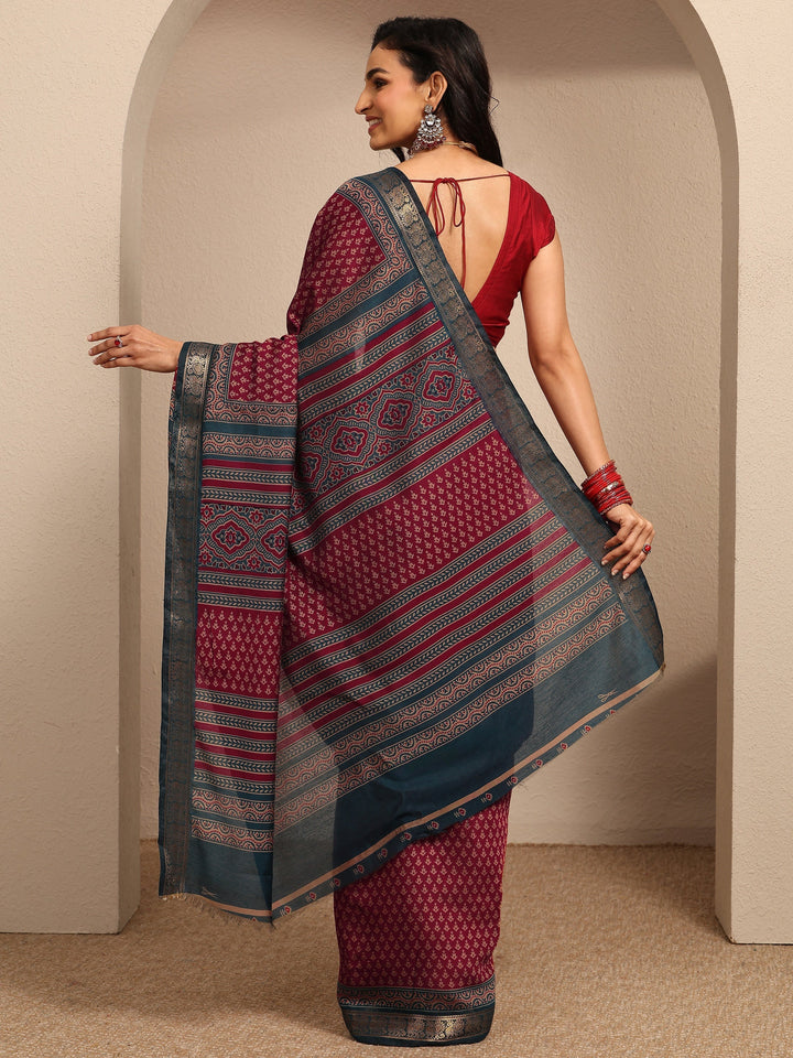 Pink Printed Silk Blend Saree With Unstitched Blouse Piece