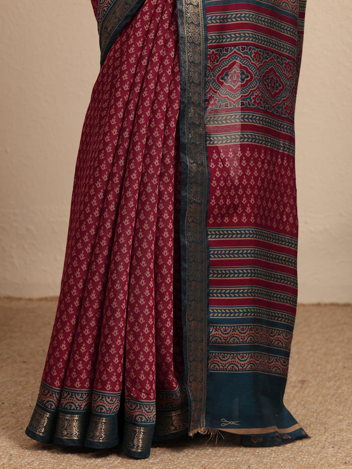 Pink Printed Silk Blend Saree With Unstitched Blouse Piece