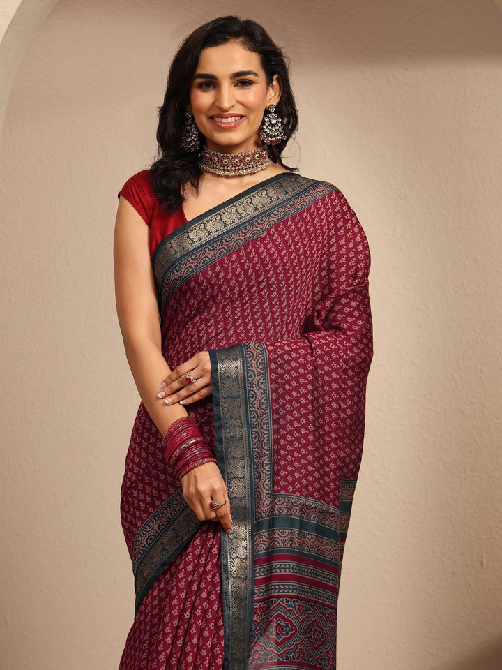 Pink Printed Silk Blend Saree With Unstitched Blouse Piece