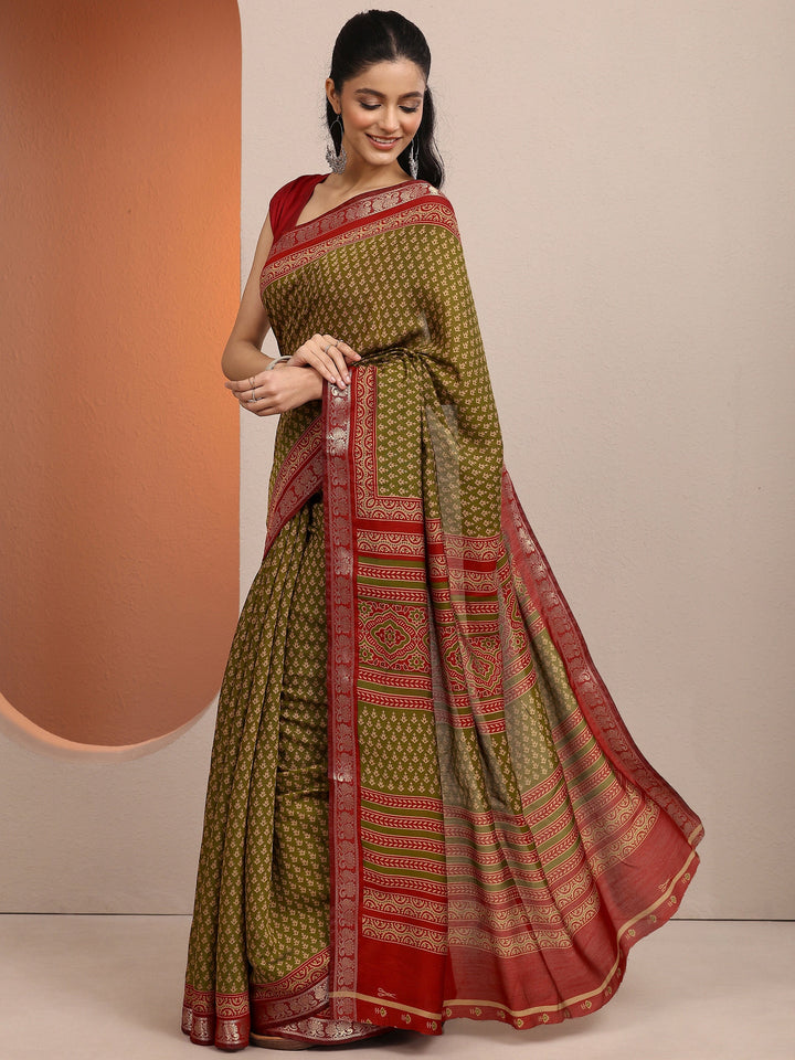 Olive Printed Silk Blend Saree With Unstitched Blouse Piece