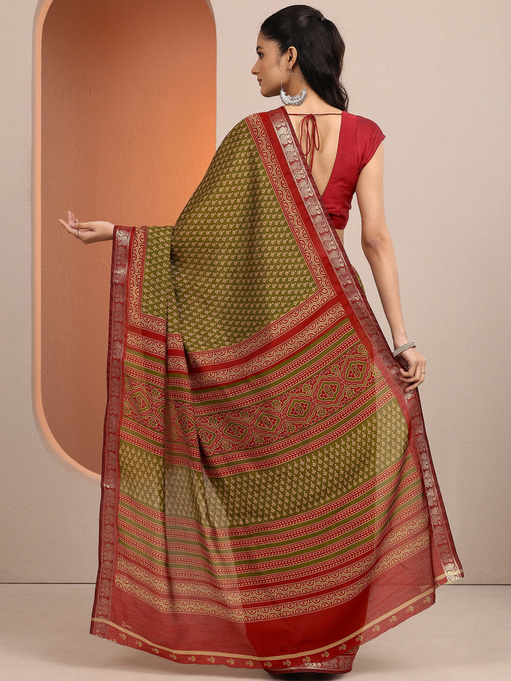 Olive Printed Silk Blend Saree With Unstitched Blouse Piece