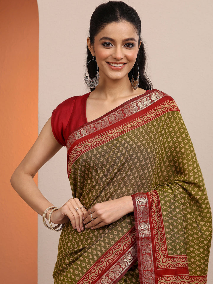 Olive Printed Silk Blend Saree With Unstitched Blouse Piece