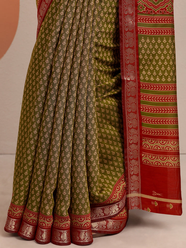 Olive Printed Silk Blend Saree With Unstitched Blouse Piece
