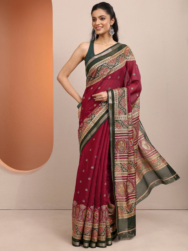 Red Printed Silk Blend Saree With Unstitched Blouse Piece