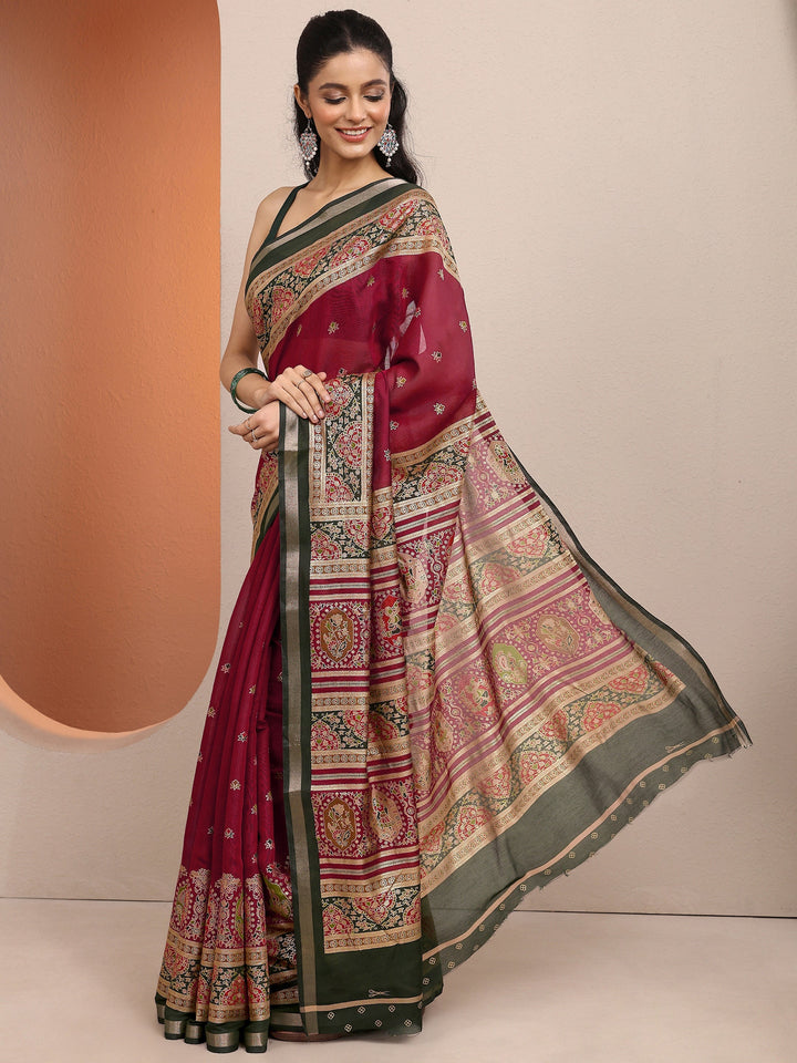 Red Printed Silk Blend Saree With Unstitched Blouse Piece