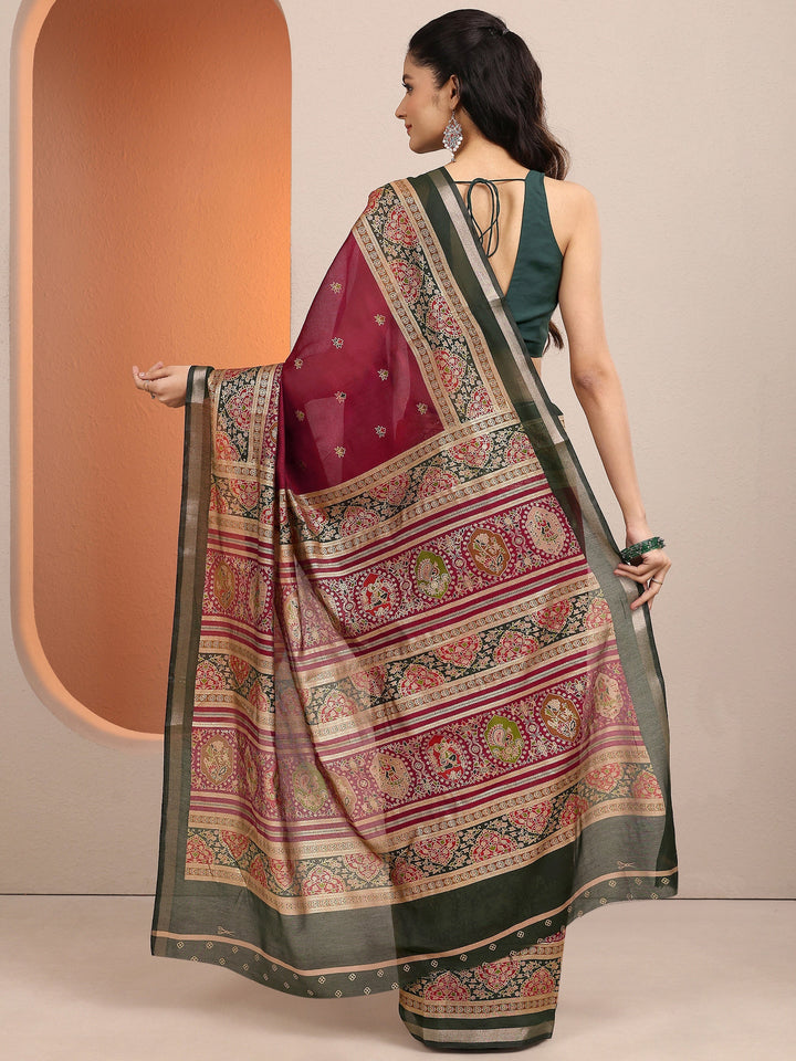 Red Printed Silk Blend Saree With Unstitched Blouse Piece