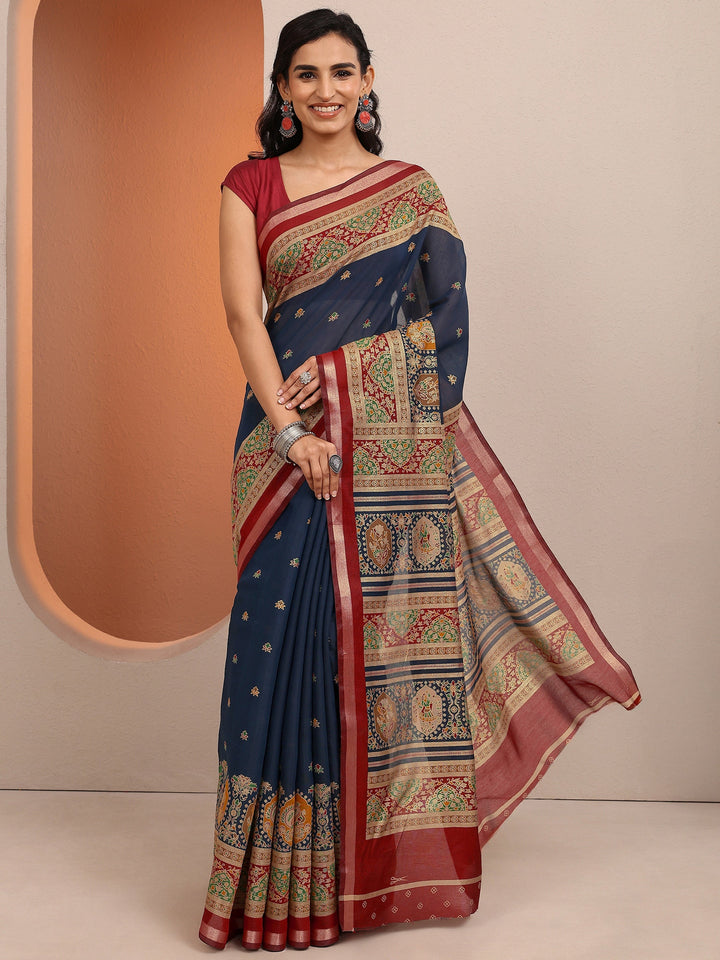 Blue Printed Silk Blend Saree With Unstitched Blouse Piece
