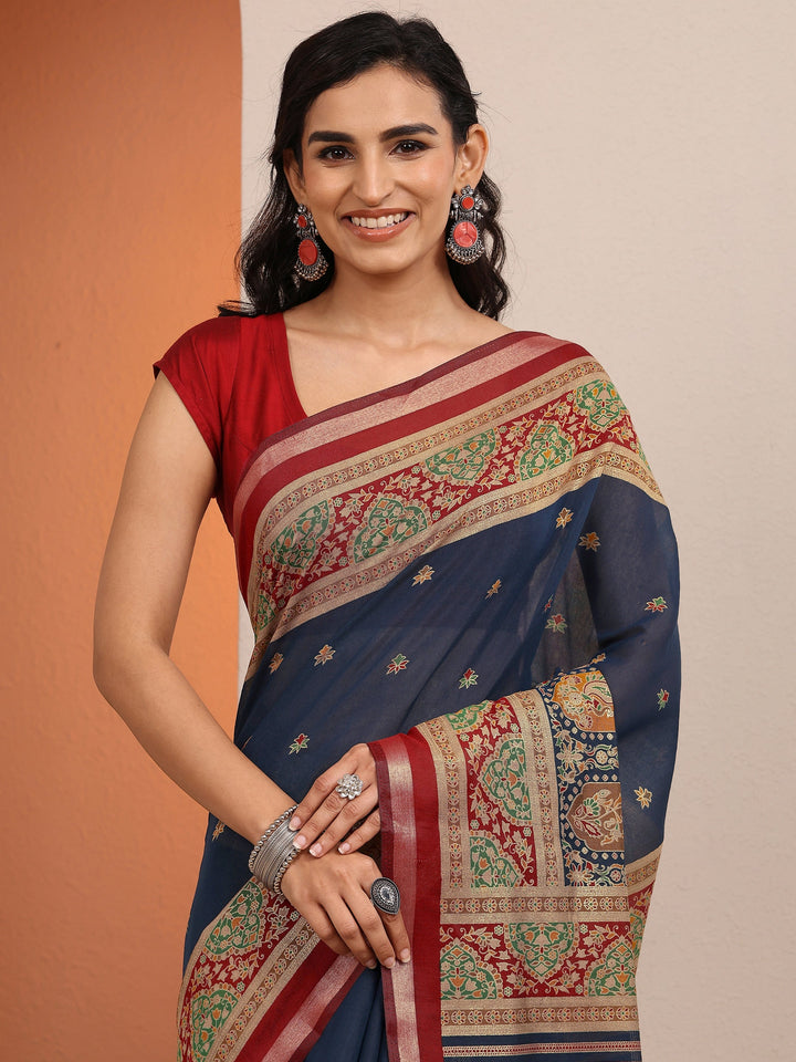 Blue Printed Silk Blend Saree With Unstitched Blouse Piece