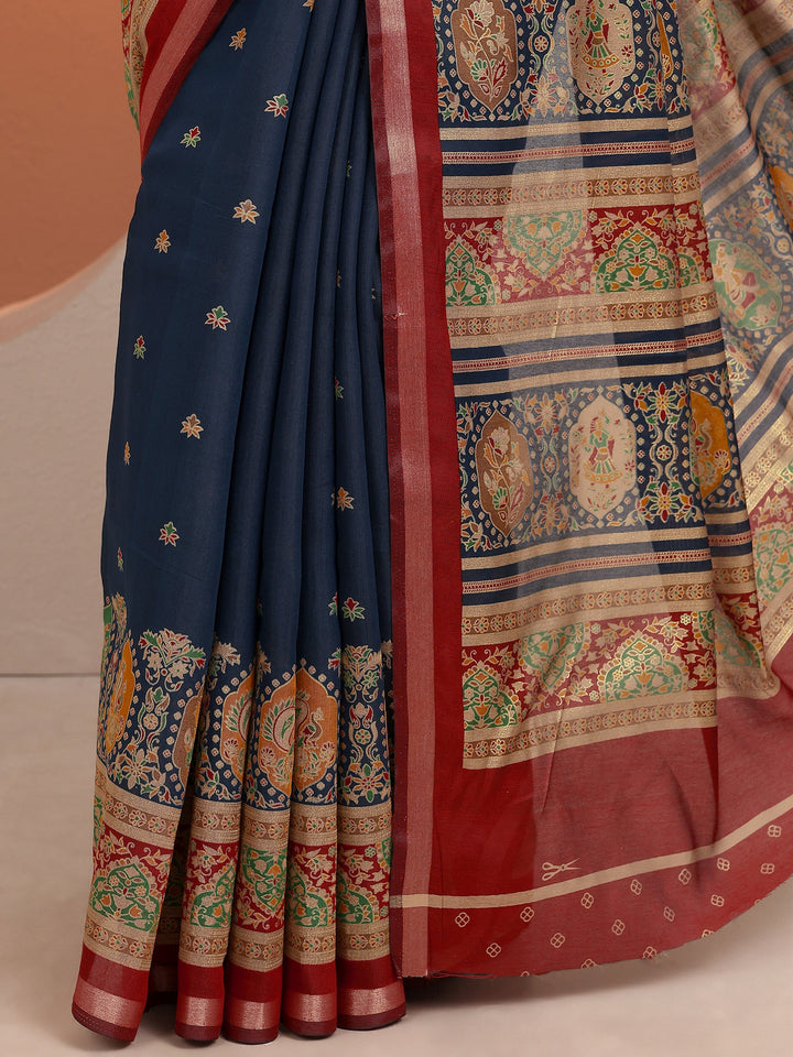 Blue Printed Silk Blend Saree With Unstitched Blouse Piece