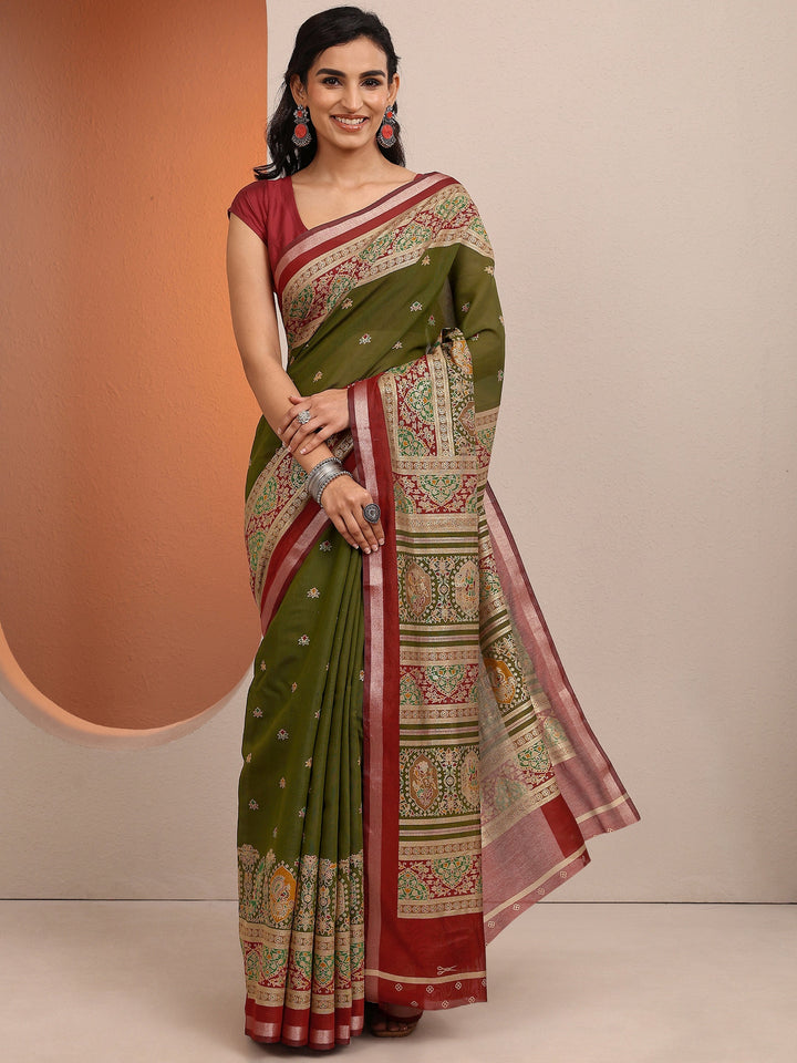 Green Printed Silk Blend Saree With Unstitched Blouse Piece
