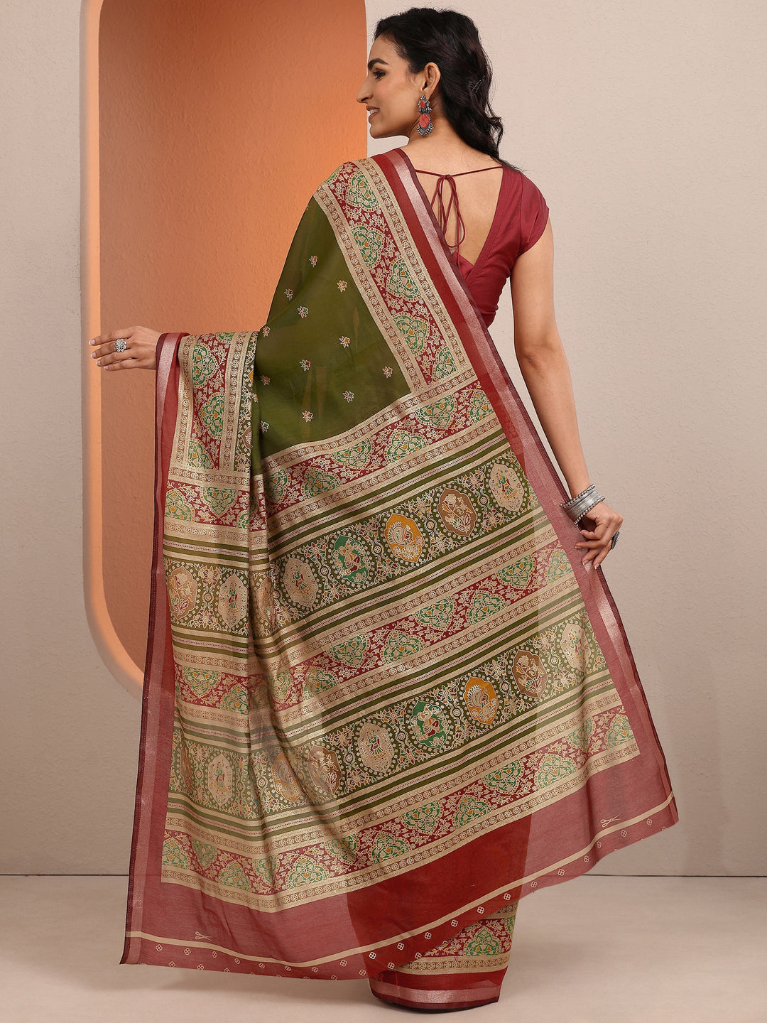 Green Printed Silk Blend Saree With Unstitched Blouse Piece