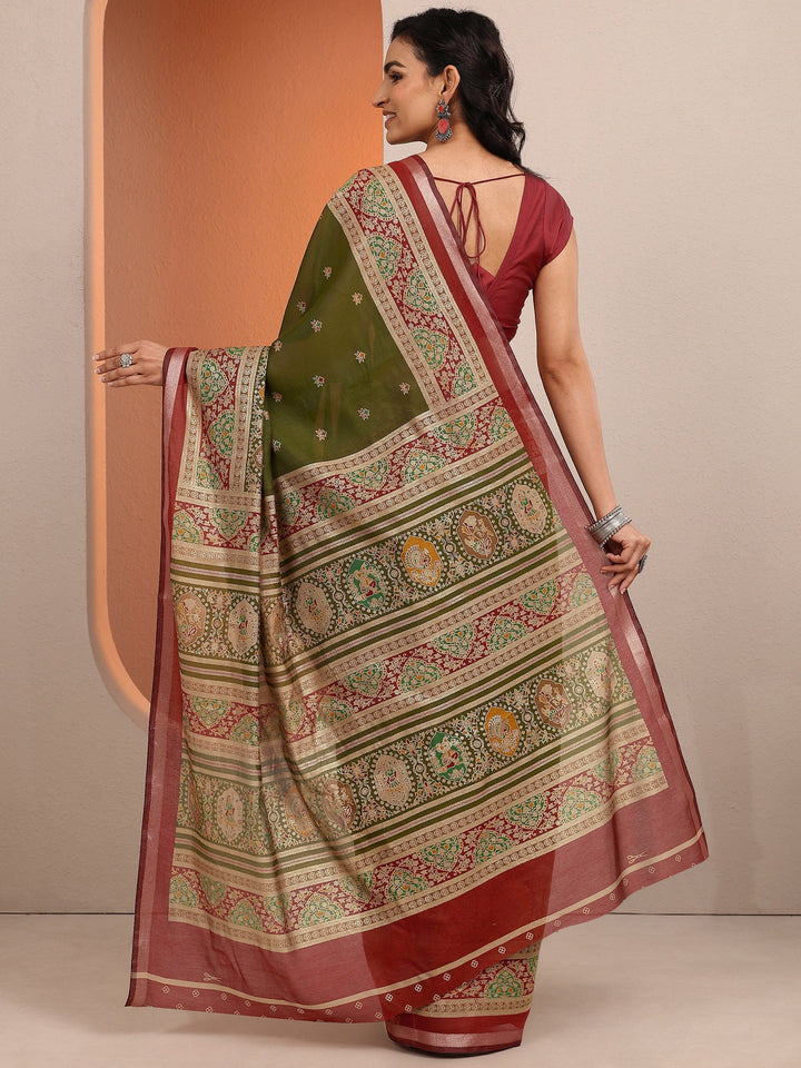 Green Printed Silk Blend Saree With Unstitched Blouse Piece