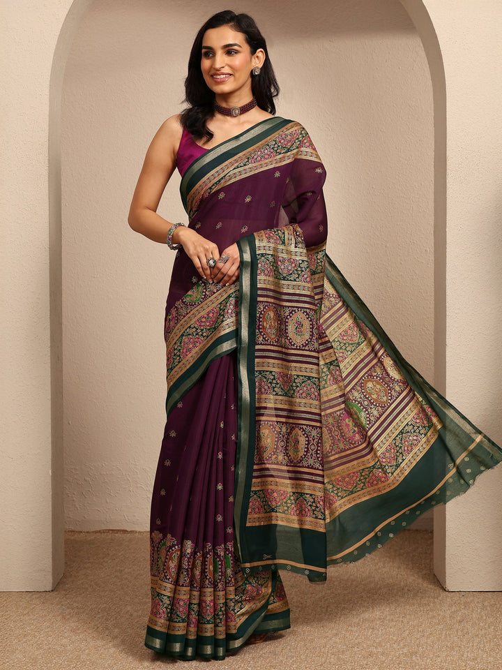 Purple Printed Silk Blend Saree With Unstitched Blouse Piece