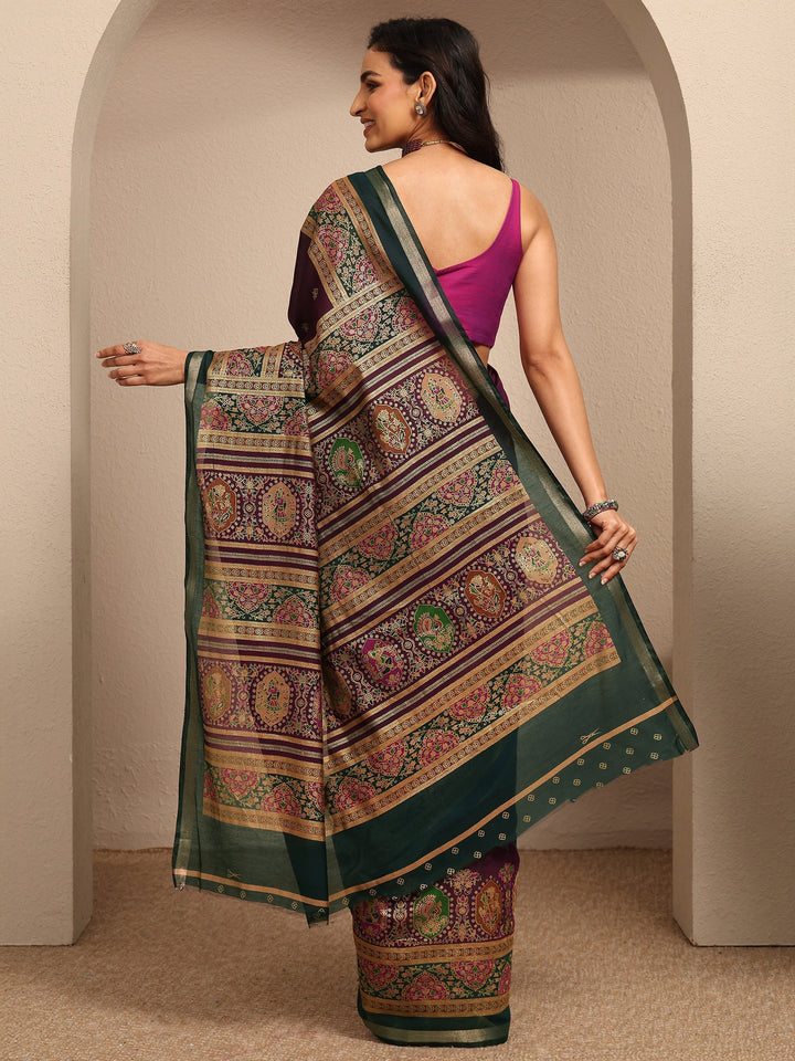 Purple Printed Silk Blend Saree With Unstitched Blouse Piece
