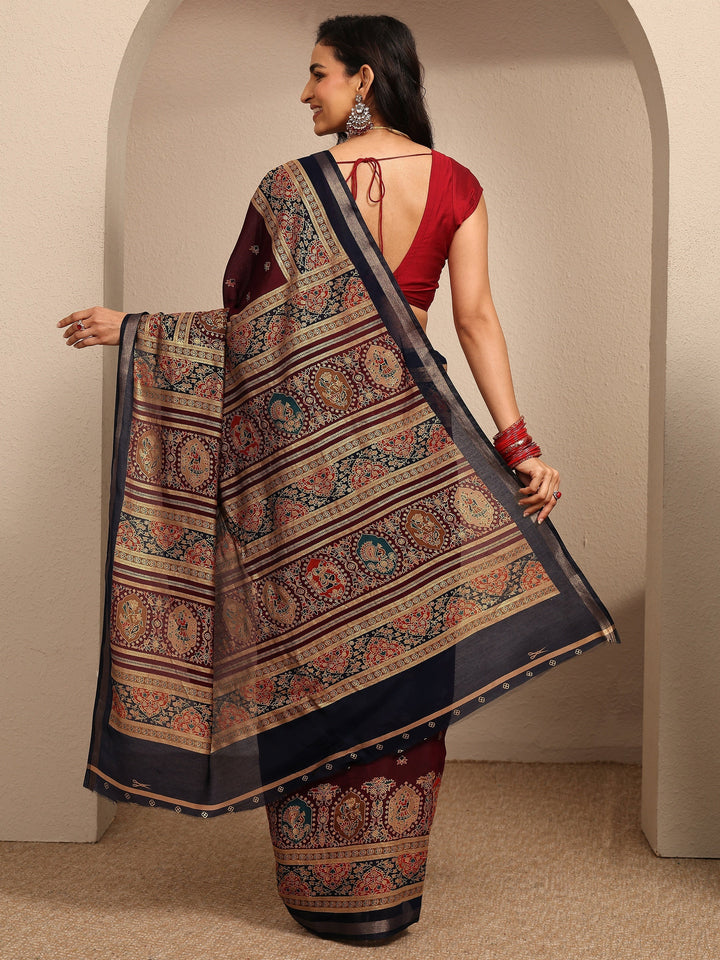 Maroon Printed Silk Blend Saree With Unstitched Blouse Piece
