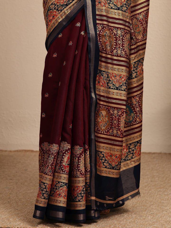 Maroon Printed Silk Blend Saree With Unstitched Blouse Piece