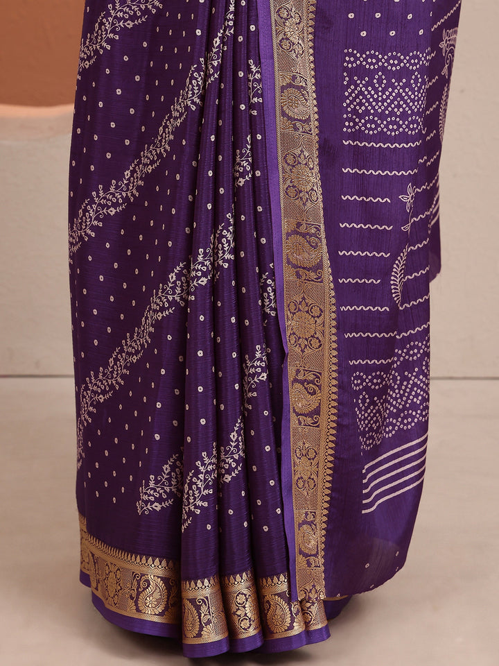 Purple Bandhani Printed Silk Blend Saree With Unstitched Blouse Piece