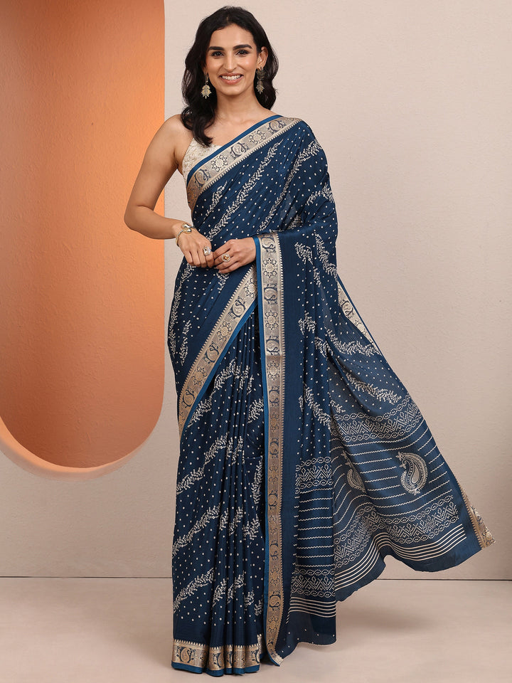 Navy Blue Bandhani Printed Silk Blend Saree With Unstitched Blouse Piece