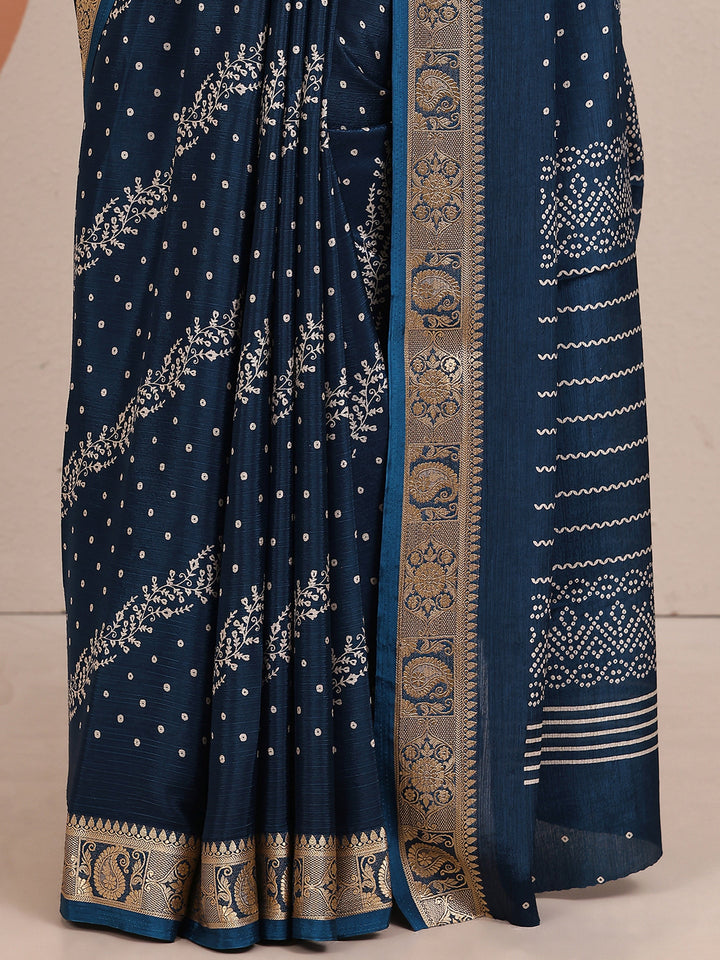 Navy Blue Bandhani Printed Silk Blend Saree With Unstitched Blouse Piece