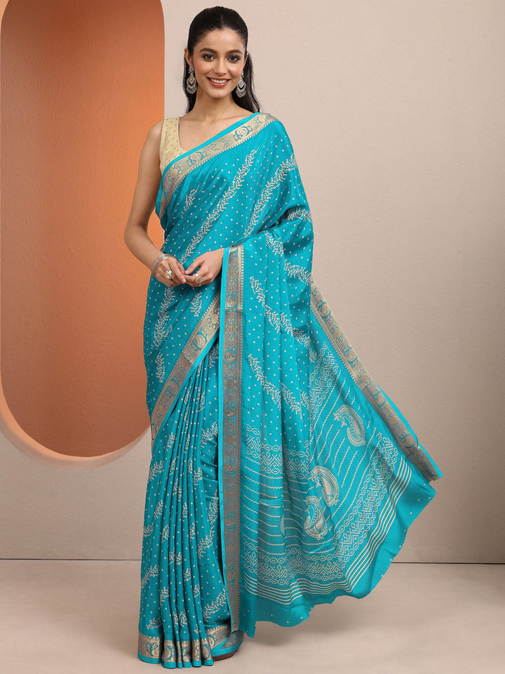 Blue Bandhani Printed Silk Blend Saree With Unstitched Blouse Piece