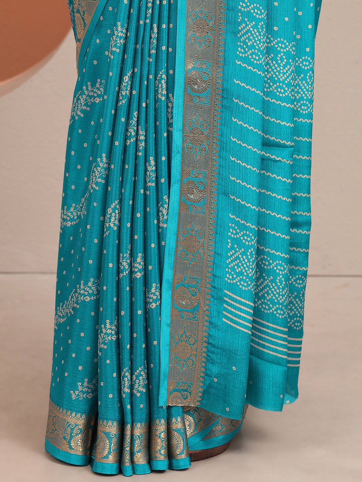 Blue Bandhani Printed Silk Blend Saree With Unstitched Blouse Piece