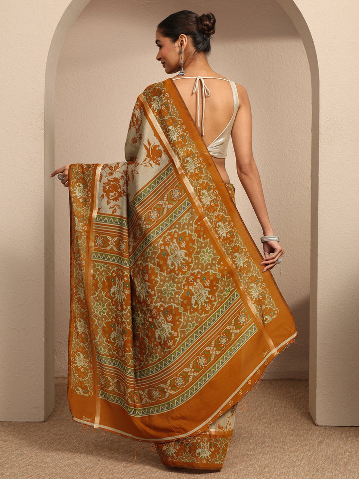 Beige Printed Silk Blend Saree With Unstitched Blouse Piece