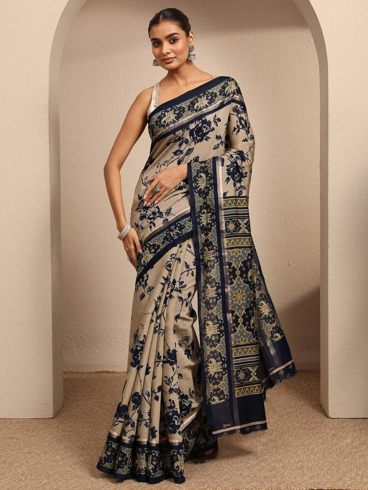 Beige Printed Silk Blend Saree With Unstitched Blouse Piece