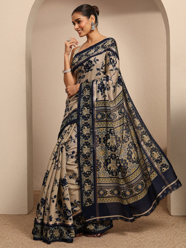Beige Printed Silk Blend Saree With Unstitched Blouse Piece