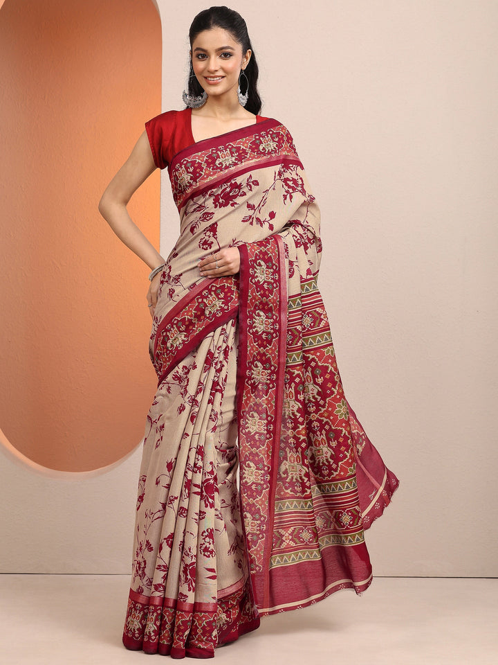 Beige Printed Silk Blend Saree With Unstitched Blouse Piece