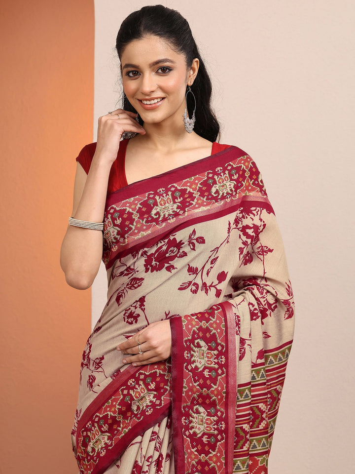 Beige Printed Silk Blend Saree With Unstitched Blouse Piece