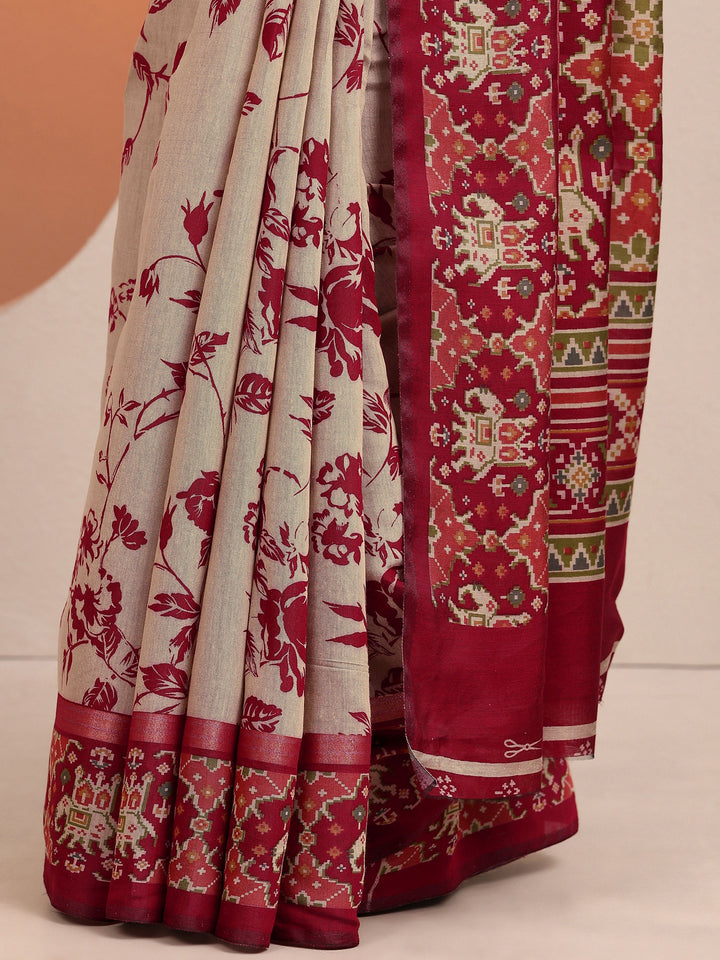 Beige Printed Silk Blend Saree With Unstitched Blouse Piece