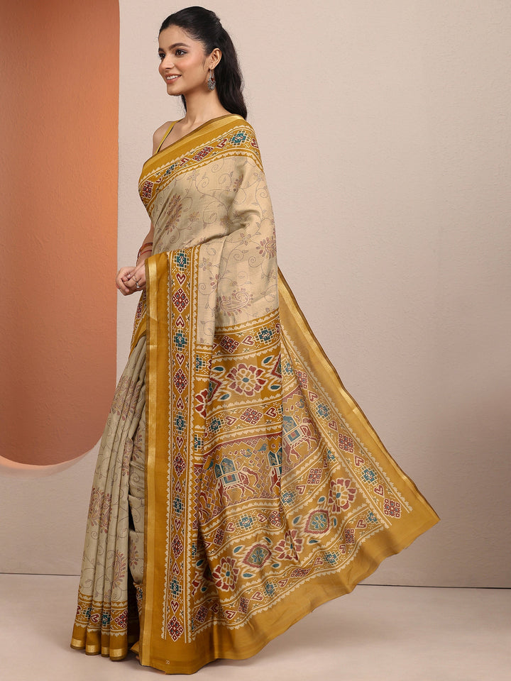Beige Paisley Printed Silk Blend Saree With Unstitched Blouse Piece